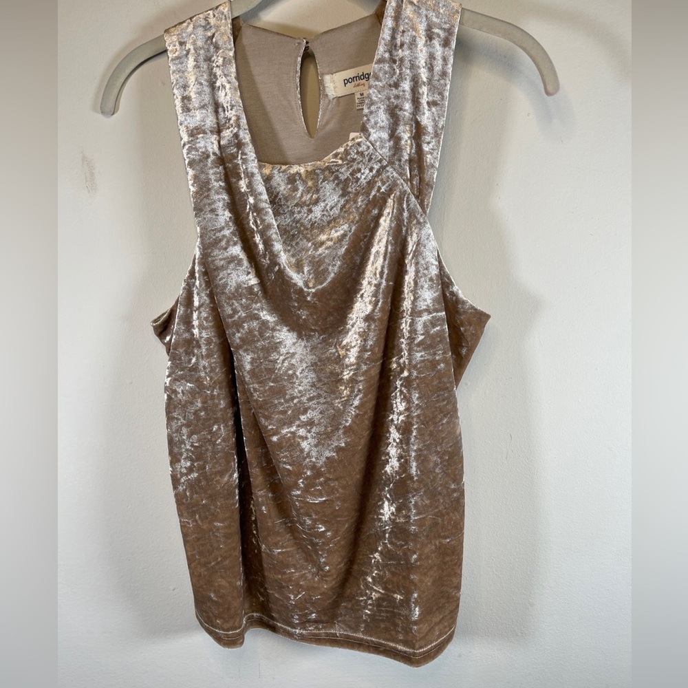 Anthropologie top by Porridge tan crushed velvet lined asymmetric neck sl top M